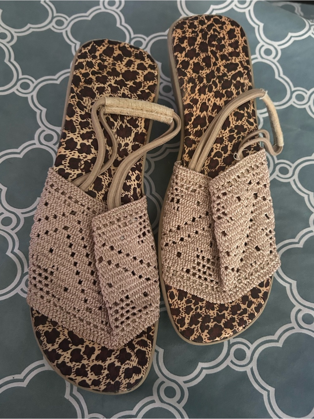 Beige Crochet Slide Sandals with Leopard Insole